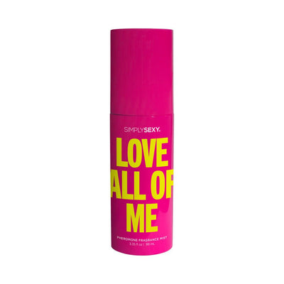 Bright pink Simply Sexy Love All Of Me pheromone body mist bottle with bold yellow text, 3.35oz size