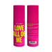 Bright pink Simply Sexy Love All Of Me pheromone body mist bottle with bold yellow text, front and back views shown.
