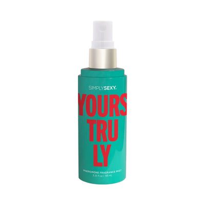 Simply Sexy Yours Truly pheromone body mist spray bottle in teal with bold red text, 3.35oz size