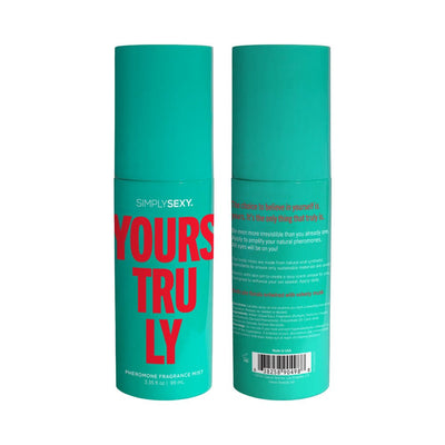 Simply Sexy Yours Truly pheromone body mist in teal bottle with bold red and white text, front and back views shown.