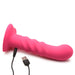Pink ribbed silicone dildo with heart-shaped suction base and USB charging cable on white background.