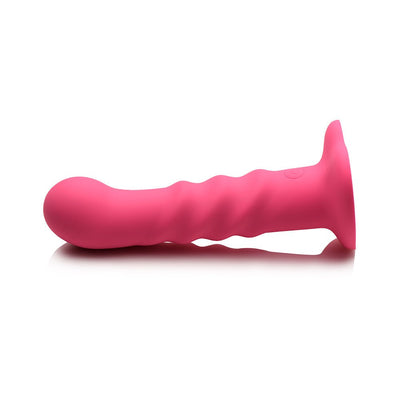 Pink ribbed silicone dildo with curved tip and suction base on white background