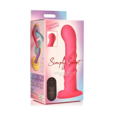 Packaging of Simply Sweet pink ribbed silicone dildo with remote control and colorful donut illustrations on the side.