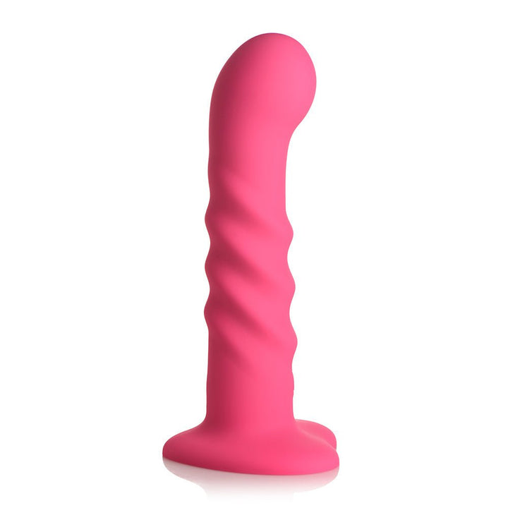Pink ribbed silicone dildo with curved tip and suction base on white background