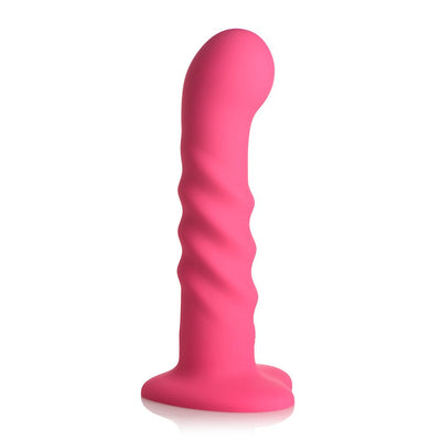 Pink ribbed silicone dildo with curved tip and suction base on white background
