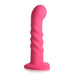 Pink ribbed silicone dildo with curved tip and suction base on white background