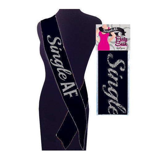 Black party sash with silver glitter text reading Single AF displayed on a mannequin and in packaging.