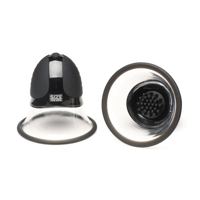 Pair of clear silicone rotating nipple suckers with black tops and textured attachments for stimulation.