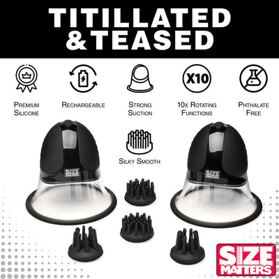 Size Matters rotating silicone nipple suckers with two interchangeable textured attachments, black and clear design.