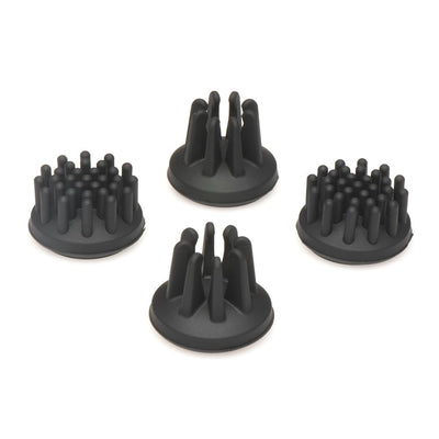 Set of four black silicone rotating nipple stimulator attachments with varied nub shapes for targeted stimulation.