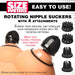 Size Matters rotating nipple suckers with four silicone attachments shown on a mannequin chest, highlighting hands-free suction and 10 rotation patterns.