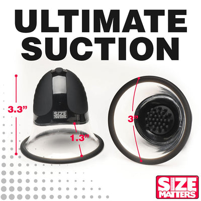 Size Matters rotating nipple suckers in black and clear silicone with measurements and textured attachments shown.