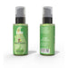 Two green bottles of Sizzle Lips warming edible gel in caramel apple flavor with pump dispensers, front and back views.
