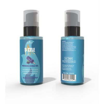 Two views of Sensuva Sizzle Lips Blueberry Ice Pop warming edible gel 2oz bottle with pump dispenser and product label details.