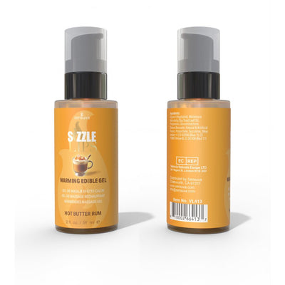 Sizzle Lips Hot Butter Rum warming edible gel in 2oz pump bottle shown from front and back on white background.