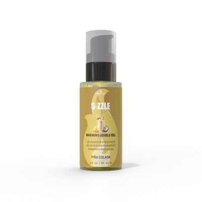 Sizzle Lips warming edible gel in 2oz pump bottle with piña colada flavor label on white background