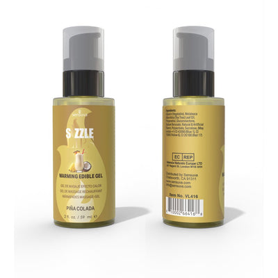 Sizzle Lips Warming Edible Gel 2oz bottle in Piña Colada flavor shown front and back with pump dispenser and label details.