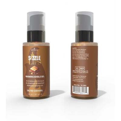 Two 2oz bottles of Sensuva Sizzle Lips warming edible gel in salted caramel flavor, front and back views with pump dispensers.