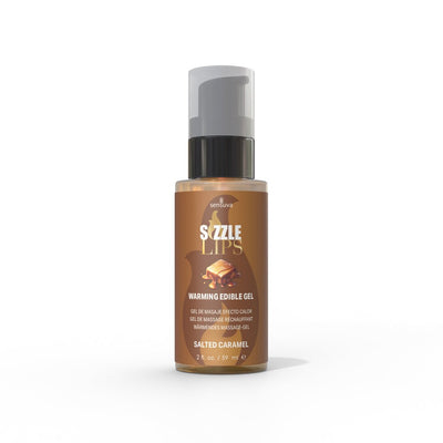 Sizzle Lips warming edible gel 2oz bottle in salted caramel flavor with pump dispenser on white background