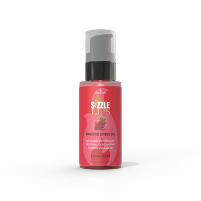 Sizzle Lips warming edible gel in a 2oz pump bottle with strawberry flavor label on white background.