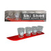 Ski Shot 4-piece shot glass set with snowflake design on glasses mounted on a red ski-shaped tray in clear packaging.