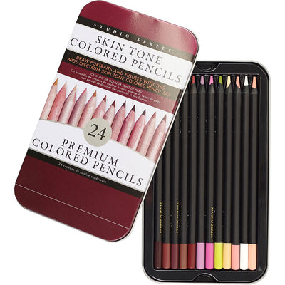 Open tin of 24 skin tone colored pencils with black barrels arranged in a black tray, showing a range of natural hues.