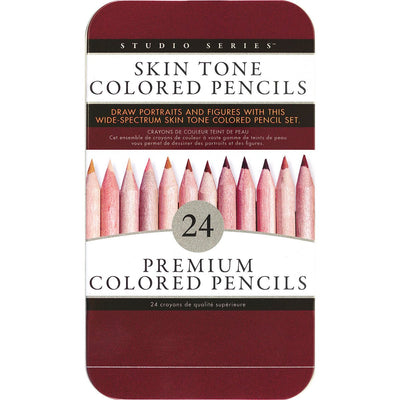 Set of 24 premium skin tone colored pencils in a maroon tin for drawing portraits and figures with a wide range of hues.