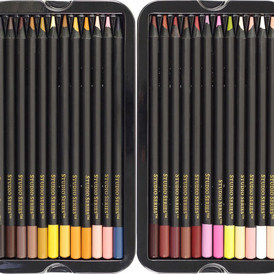 Set of 24 skin tone colored pencils in a black tin with a range of natural and vibrant shades for drawing and coloring.