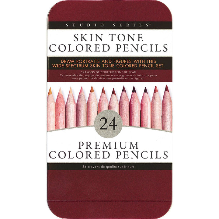 24-pack of premium skin tone colored pencils in a maroon tin for drawing portraits and figures with diverse shades.
