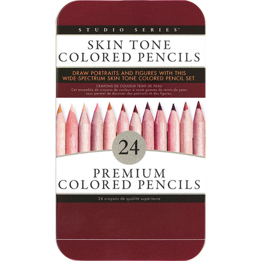 24-pack of premium skin tone colored pencils in a maroon tin for drawing portraits and figures with diverse shades.
