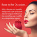 Woman with red lipstick holding a red rose-shaped silicone vibrator against a red background with product text.
