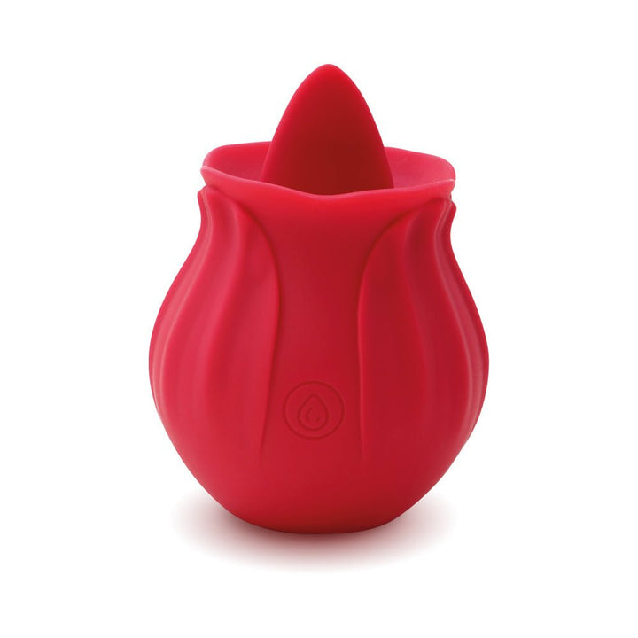 Red silicone mini vibrator shaped like a rose bud with a tongue-like tip and subtle control button.
