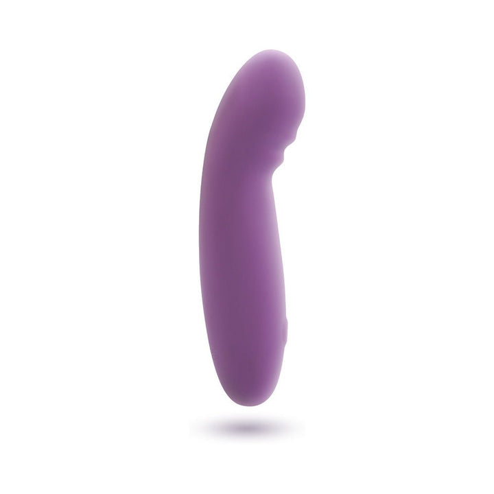 Purple silicone G-spot vibrator with curved, smooth design and textured detail for targeted stimulation.