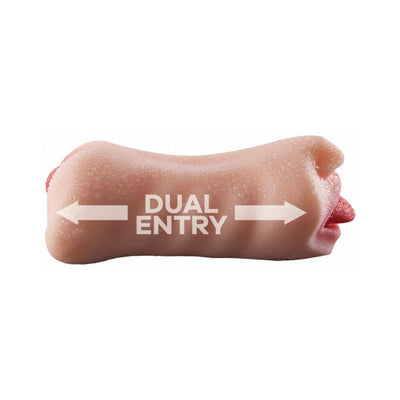 Skinsation Man Eater dual-entry masturbator with realistic mouth and vaginal openings, textured for enhanced sensation.