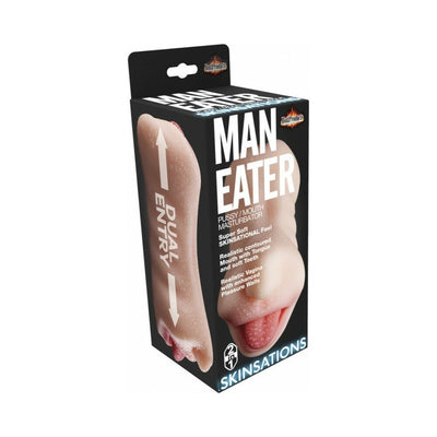 Packaging box of Skinsation Man Eater dual-entry masturbator with realistic mouth and vaginal features shown on front and side.