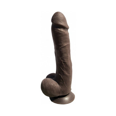 Realistic black silicone dong with suction cup base and detailed texture, 9.5 inches long.