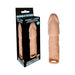 Skinsations Husky Lover 6.5-inch realistic extension sleeve with scrotum strap in natural skin tone next to its black packaging box.