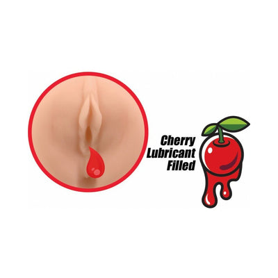 Close-up of a realistic skin-tone masturbator detail with cherry-flavored lubricant graphic and text.