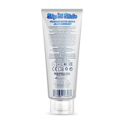 Back view of Slip 'n Slide Premium Water-Based Jelly Lubricant 2 oz tube with product information and usage instructions.