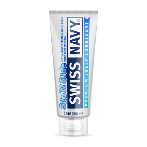 Tube of Swiss Navy Slip 'n Slide Premium Jelly Lubricant 2 oz with blue and white label on white background.