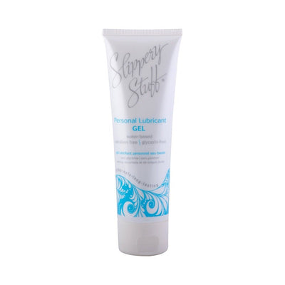 Tube of Slippery Stuff Gel water-based personal lubricant with blue decorative design on white background.