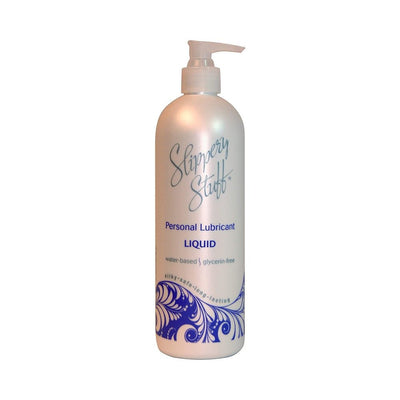 Bottle of Slippery Stuff Liquid water-based personal lubricant with pump dispenser and blue decorative design.