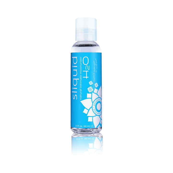 Clear 2oz bottle of Sliquid Naturals H2O intimate moisturizer with blue label and white floral design
