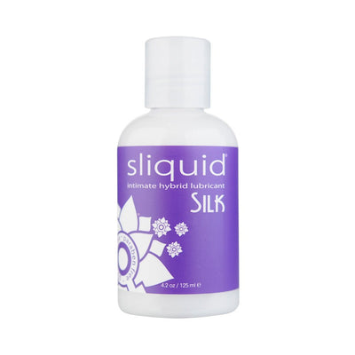 Bottle of Sliquid Naturals Silk Hybrid Lubricant with purple label and white floral design, 4.2 oz size.