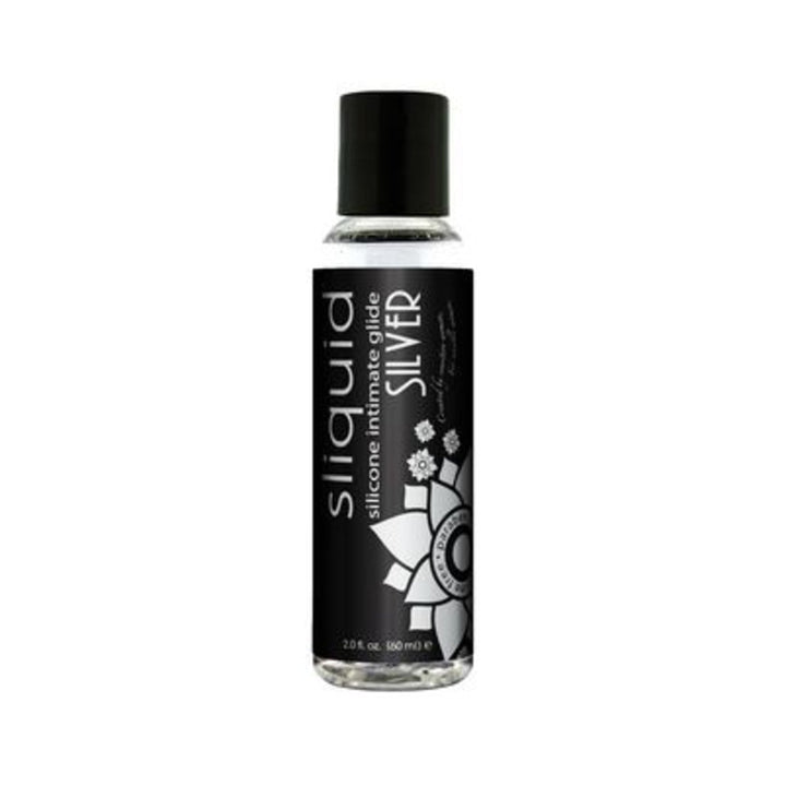 Bottle of Sliquid Naturals Silver Silicone Intimate Lubricant with black label and floral design, 2 oz size.