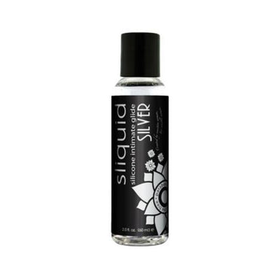 Bottle of Sliquid Naturals Silver Silicone Intimate Lubricant with black label and floral design, 2 oz size.