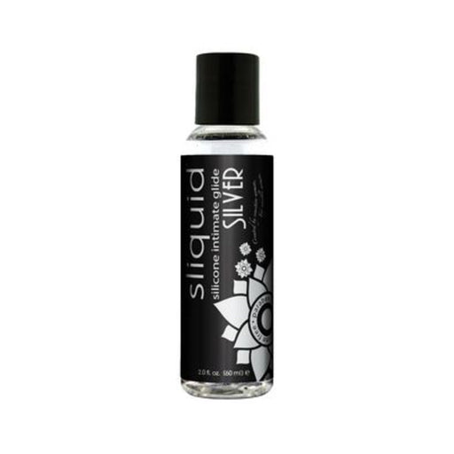 Bottle of Sliquid Naturals Silver Silicone Intimate Lubricant with black label and floral design, 2 oz size.