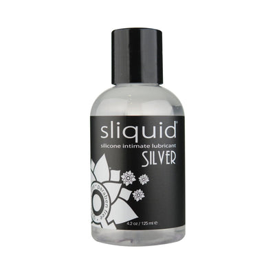 Bottle of Sliquid Naturals Silver silicone intimate lubricant with black label and floral design, 4.2 oz size.