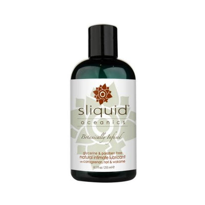 Bottle of Sliquid Organics Oceanics natural intimate lubricant with botanical-infused formula, glycerine and paraben free.