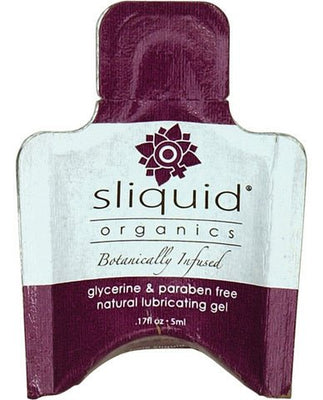 Single-use packet of Sliquid Organics Natural Gel, glycerine and paraben free, botanically infused lubricant.